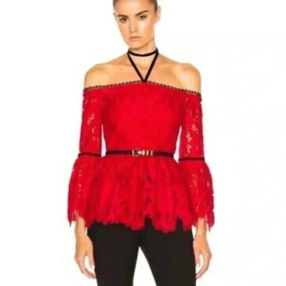 ALEXIS GRACE RED LACE OFF SHOULDER RUFFLE BLOUSE TOP XS